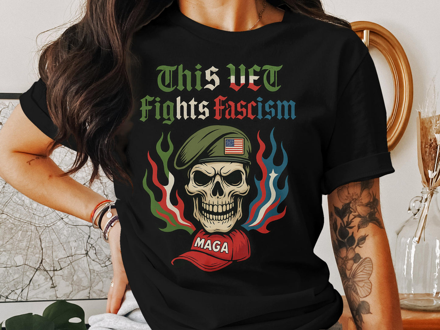 This VET Fights Fascism Skull Graphic Tee product