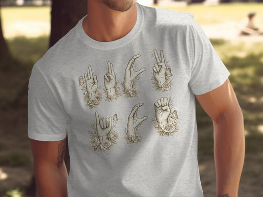 Unique Hand Signs with Floral Art Graphic T-Shirt