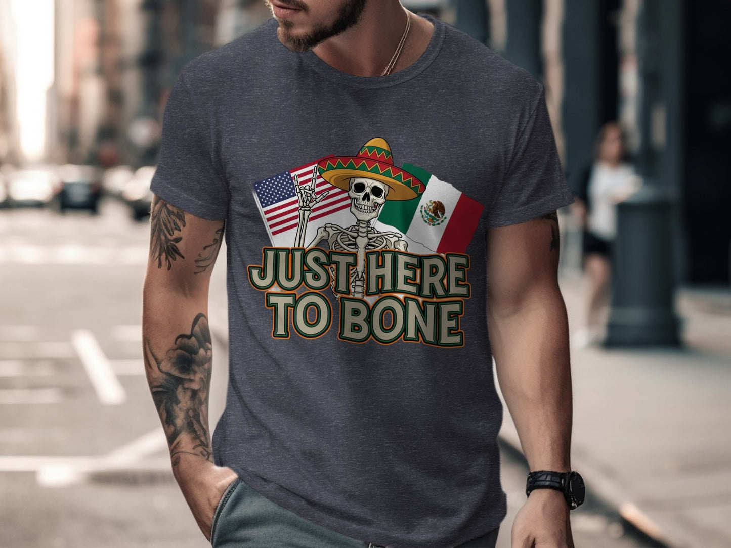 Just Here To Bone Skeleton with Flags T-Shirt product