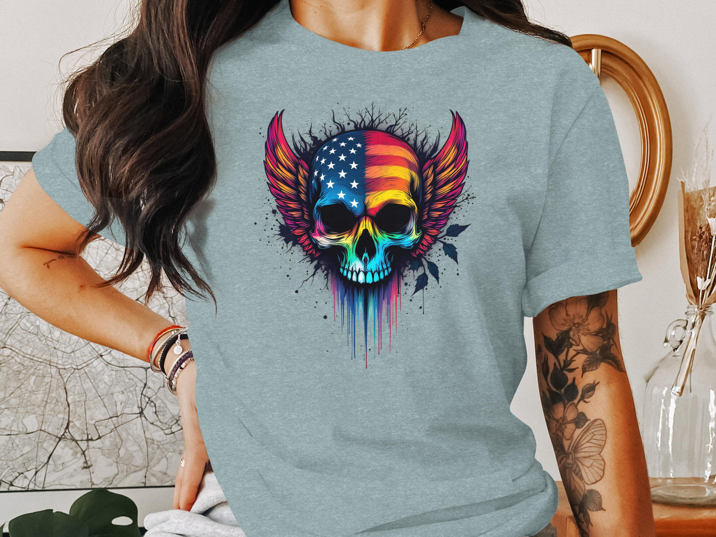 American Flag Rainbow Skull Wings Graphic Tee product