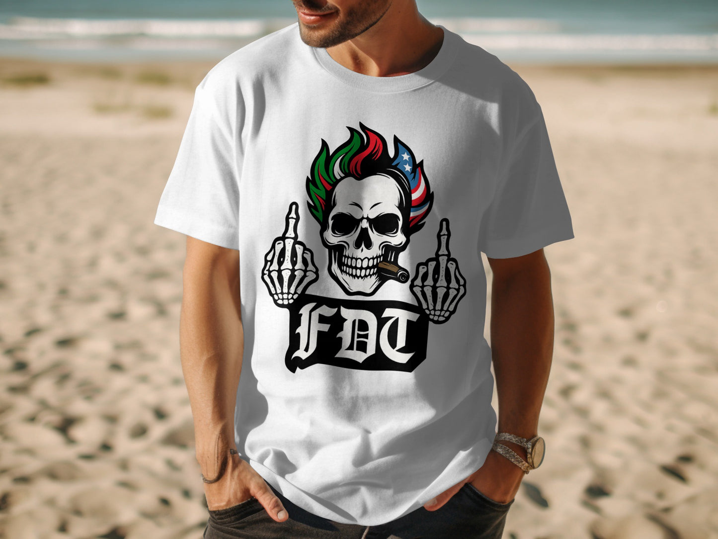 Skull with Colorful Flames FDT design t-shirt product