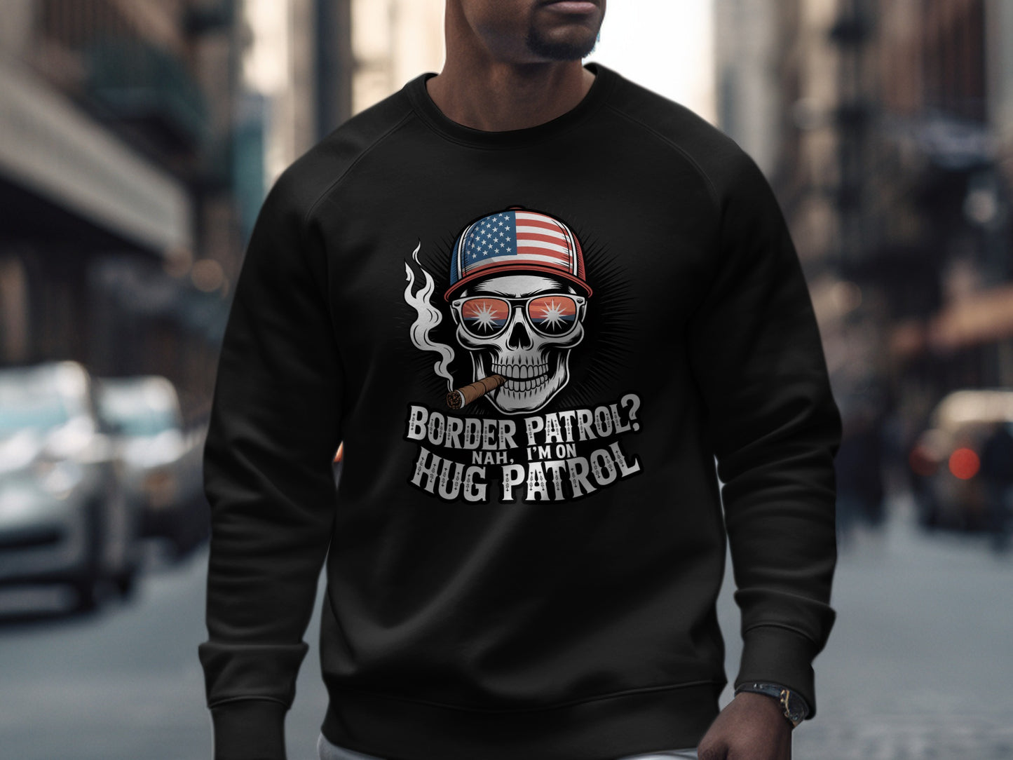 Patriotic Skull Design Hug Patrol Sweatshirt Product