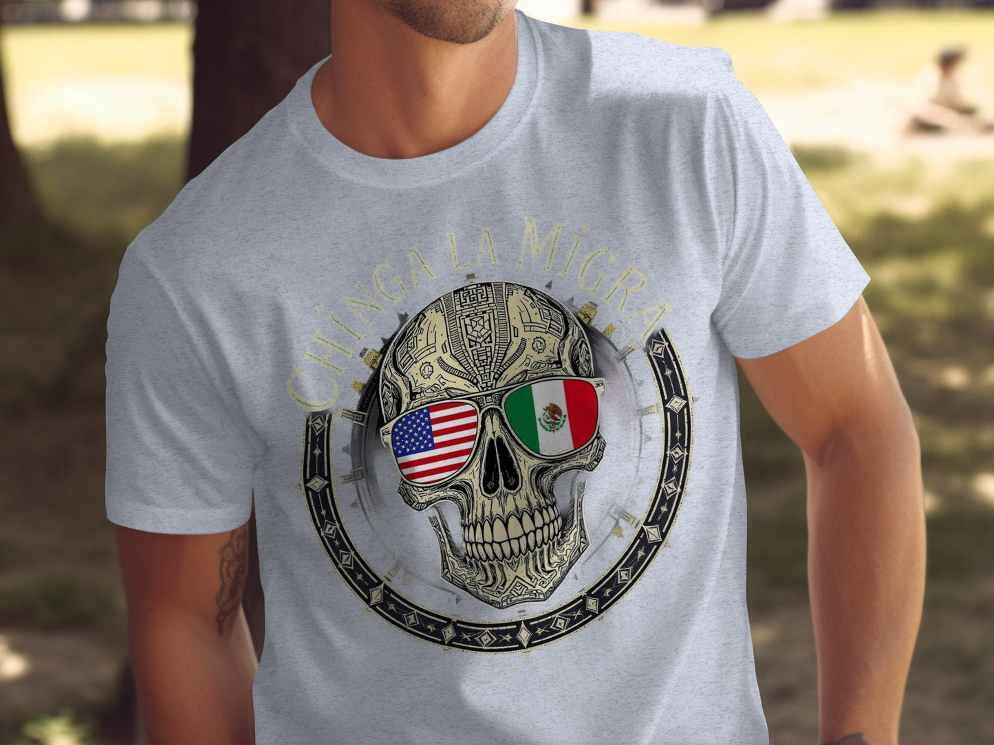 Chinga La Migra Skull with Flags T-shirt product
