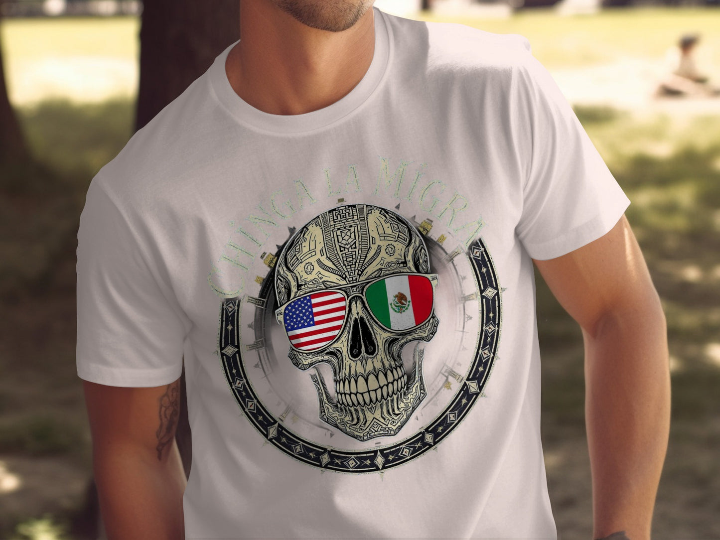 Chingala Migra Skull with Flag Sunglasses T-Shirt product type