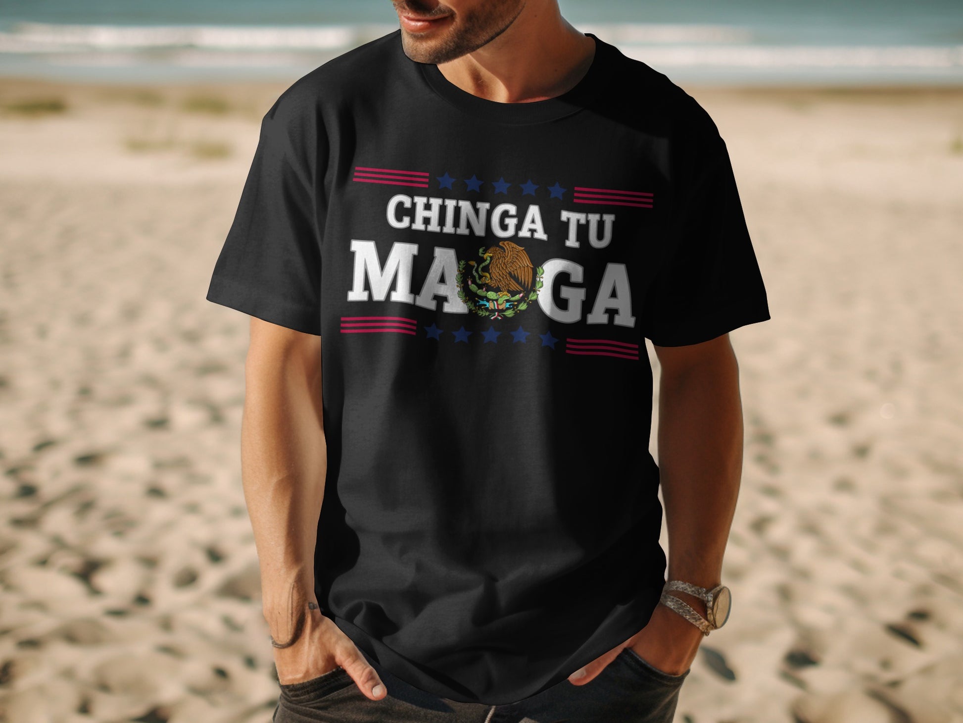 Chinga Tu Maga Text with Stars Design T-Shirt Product