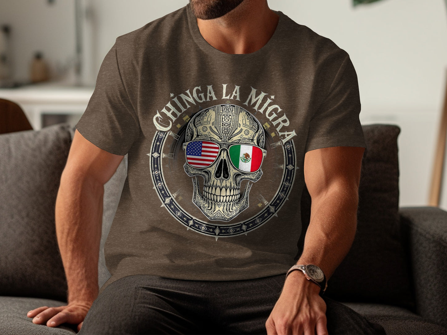 Chinga La Migra Skull Design T-Shirt Unique Graphic product