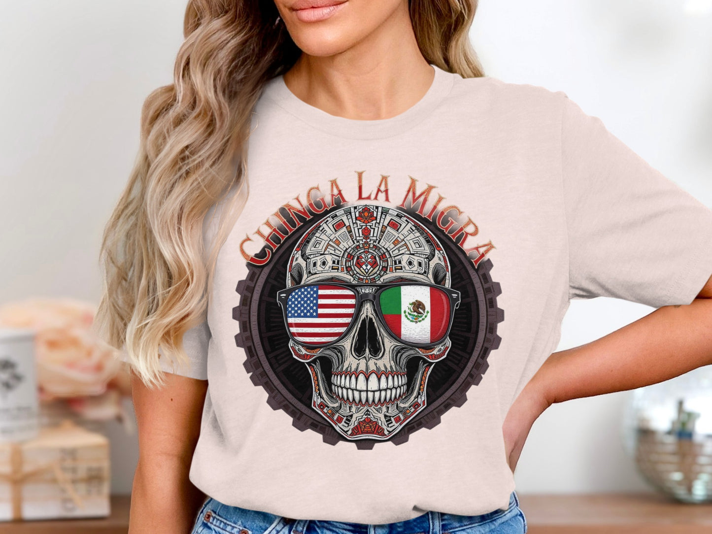 Chinga La Migra Skull Design Graphic Tee shirt product type