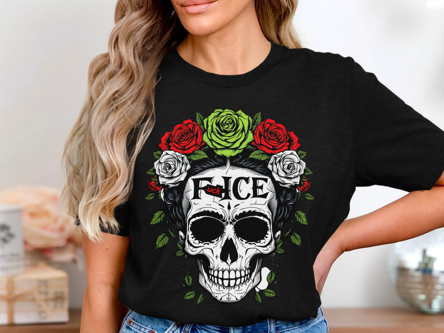 Black T-Shirt with Intricate Skull and Roses Design product type