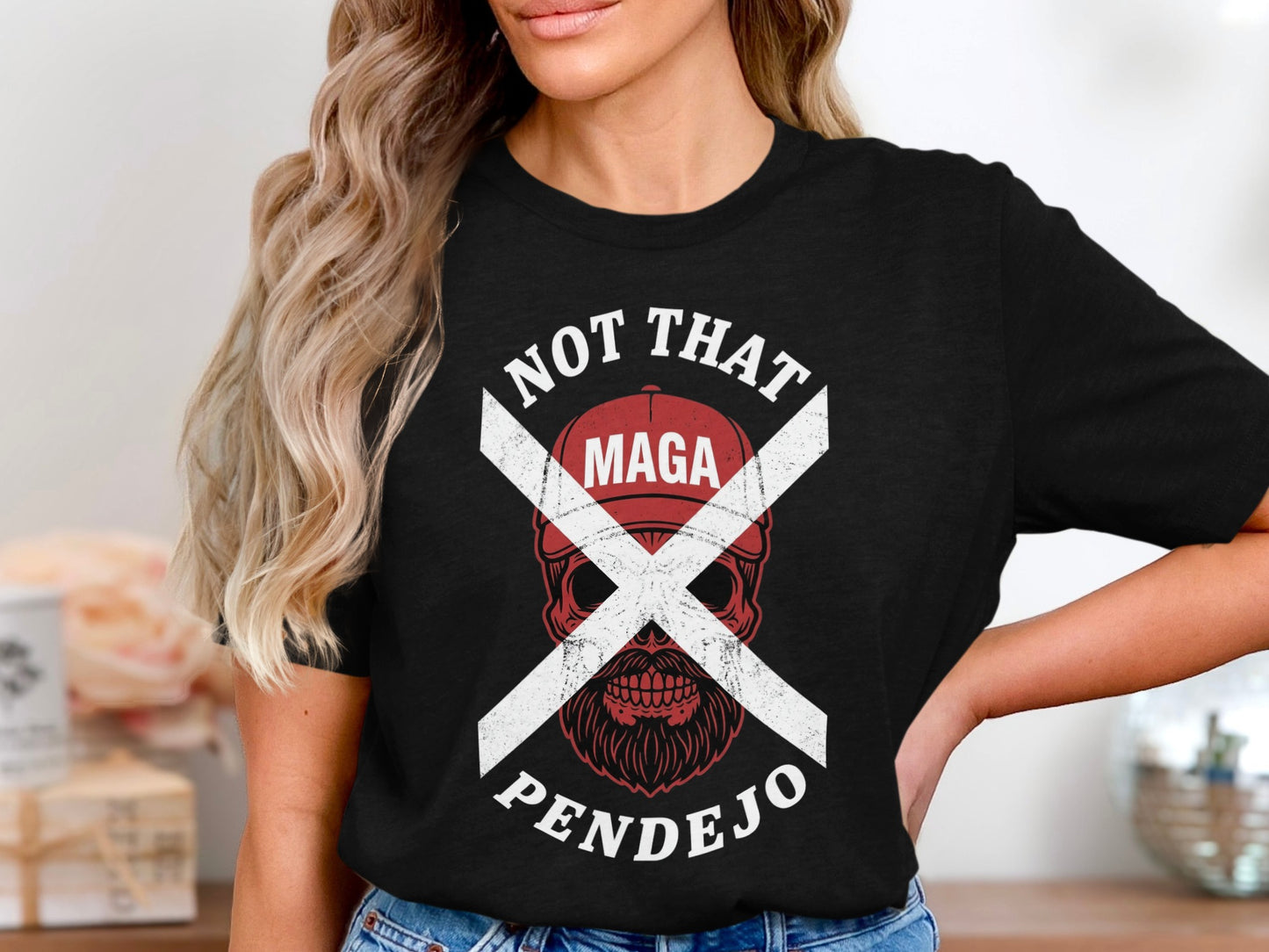 Black t-shirt with a skull graphic and text "NOT THAT MAGA PENDEJO".
