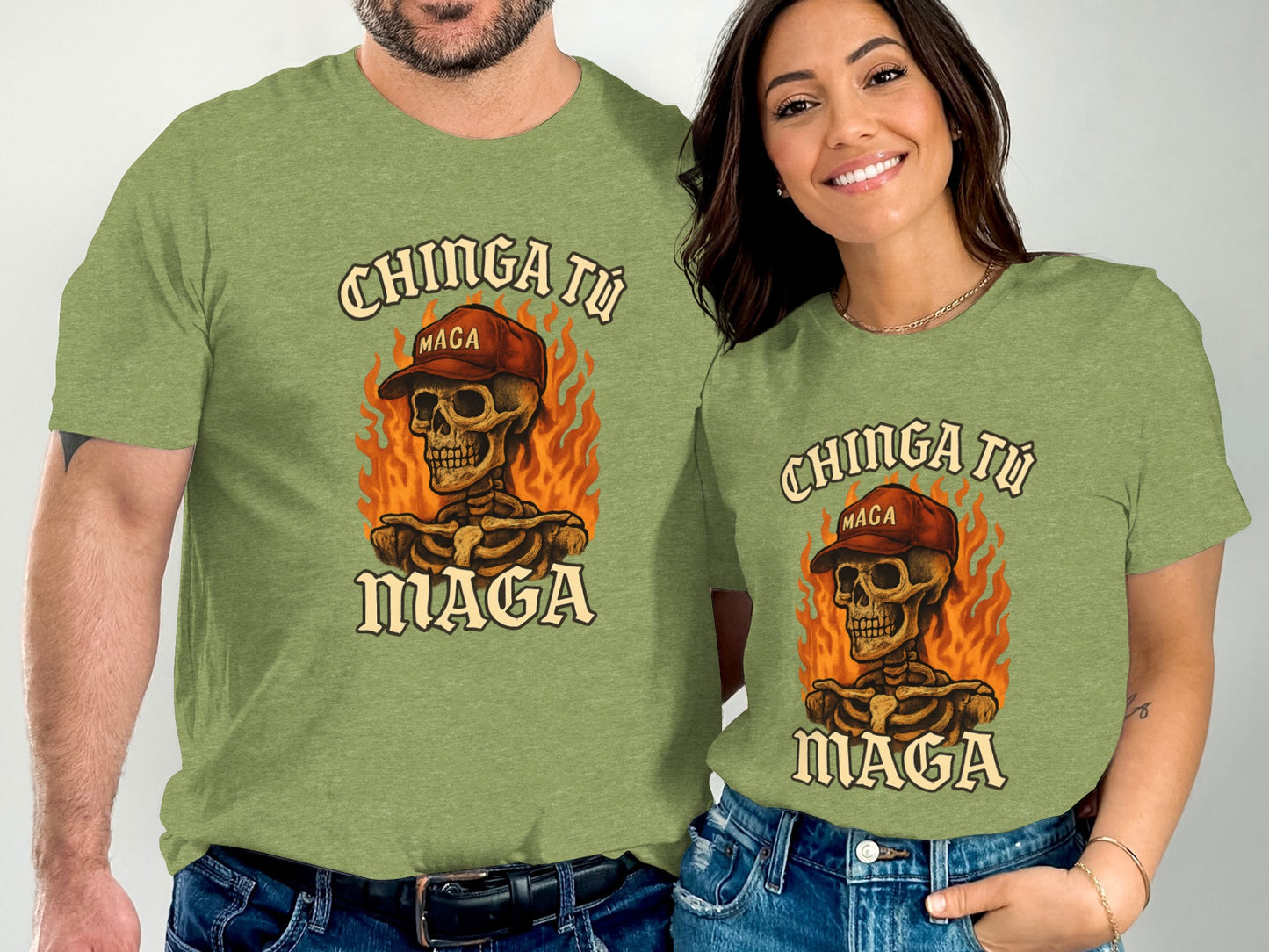 Chinga Tu MAGA Skeleton Flame Graphic Tee Shirt product