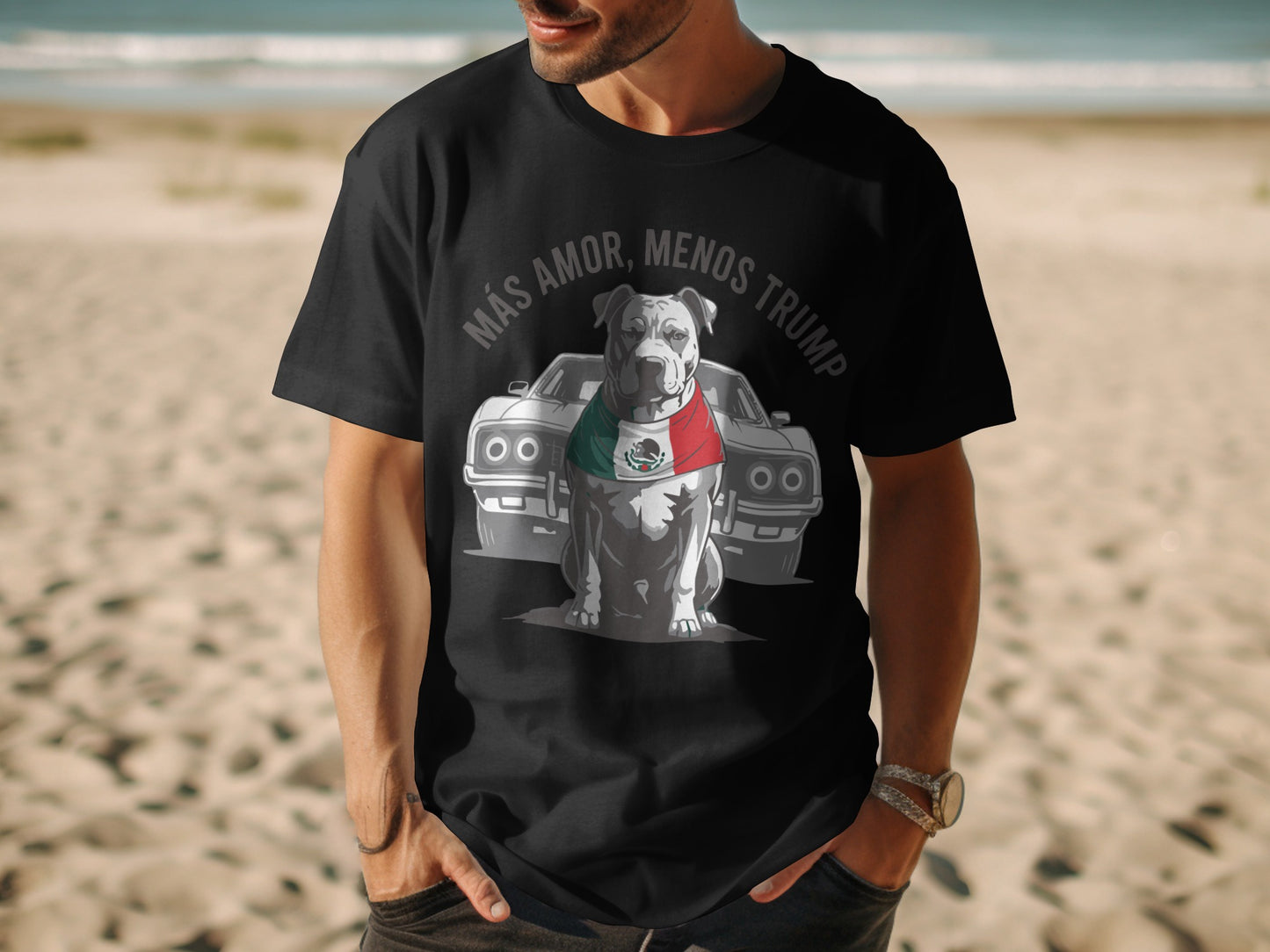 Más Amor Menos Trump Dog Car Design T-Shirt Product