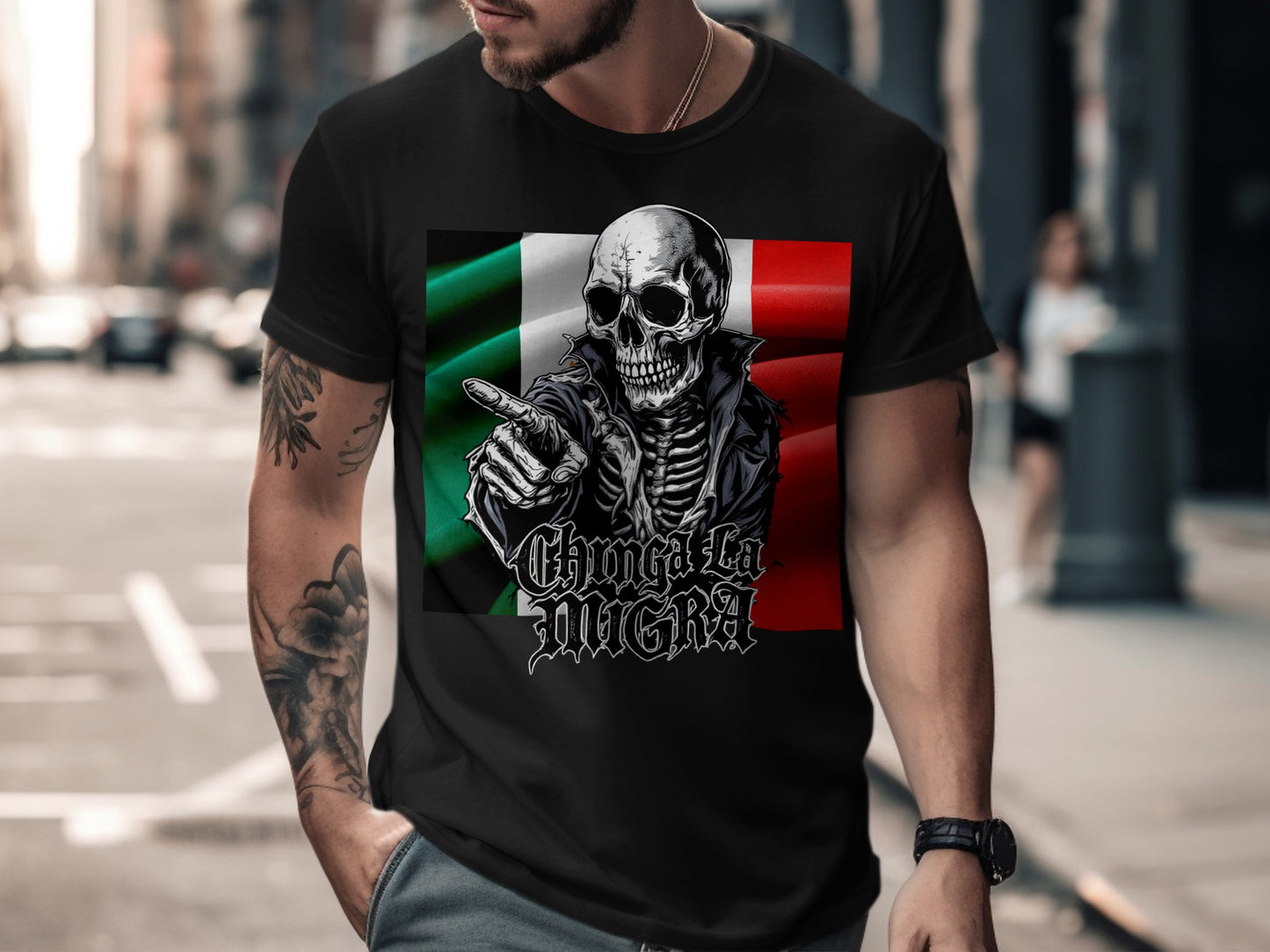 Bold Skull Design Chinga La Migra Graphic T-Shirt product