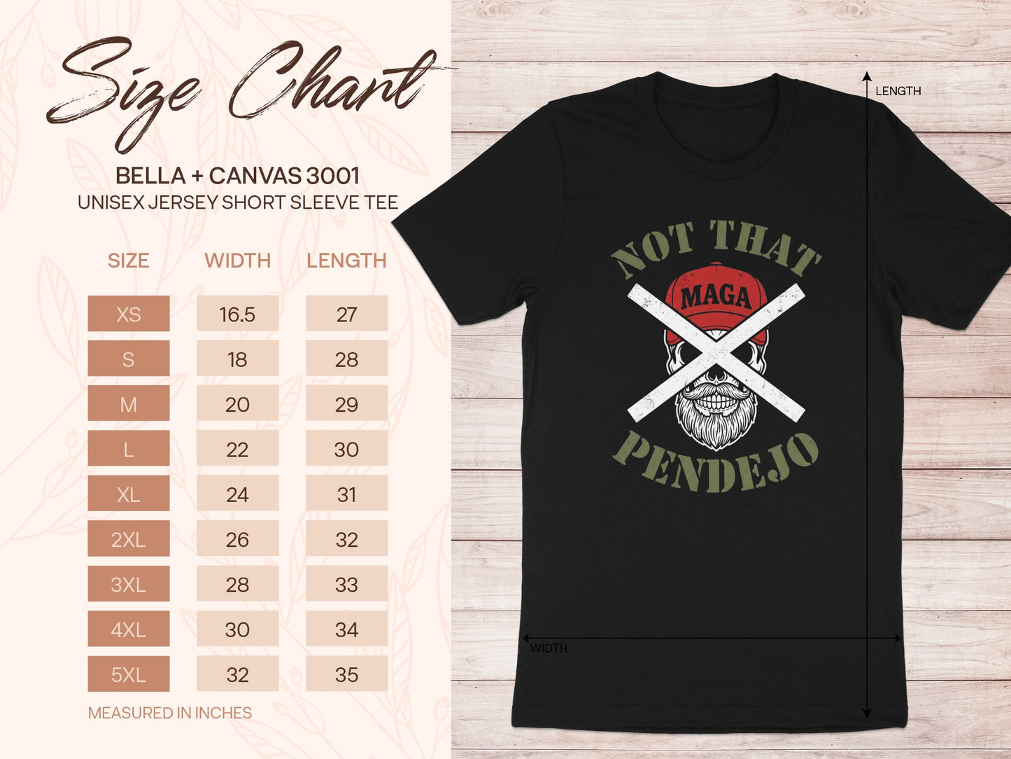 Bella + Canvas unisex t-shirt size chart with graphic of skull wearing MAGA hat.