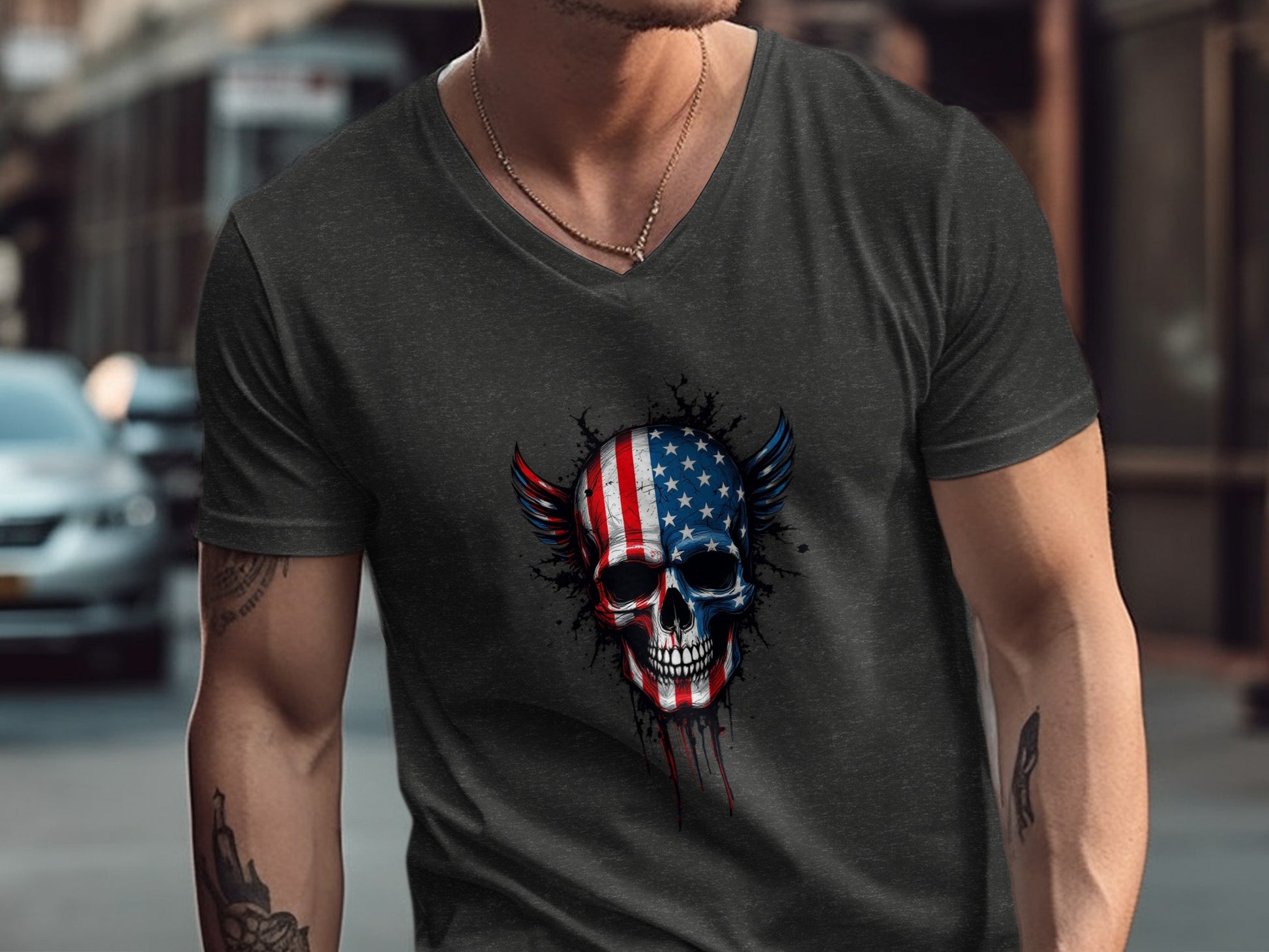 American Flag Skull Graphic Design T-shirt product type