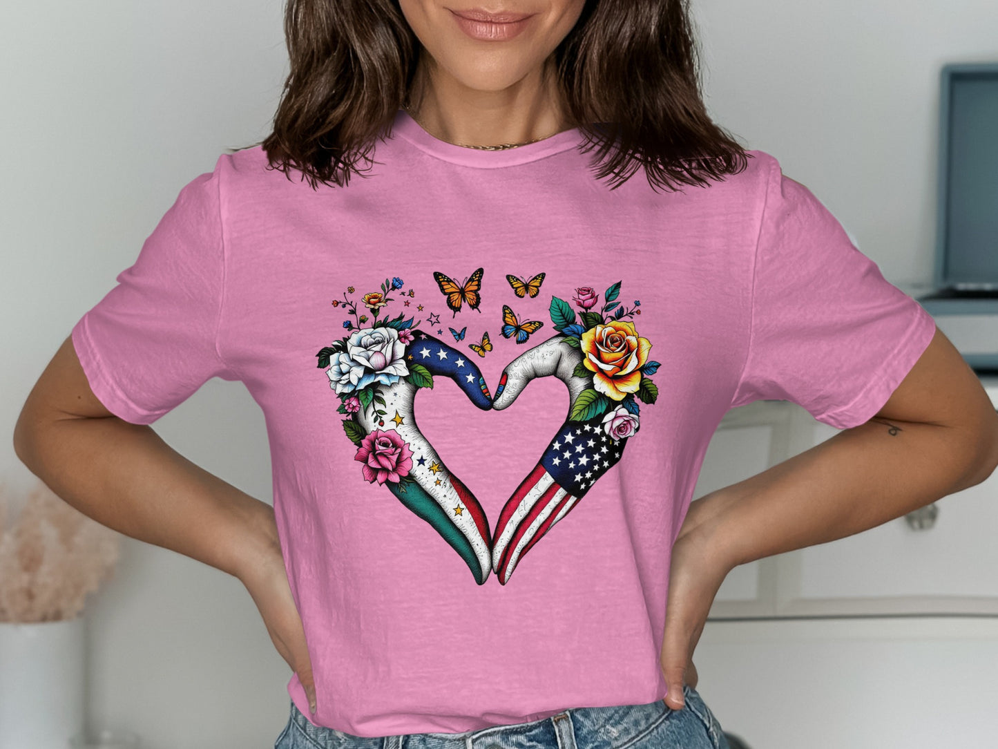 Patriotic Heart Shaped Flag and Flowers Graphic Shirt product type