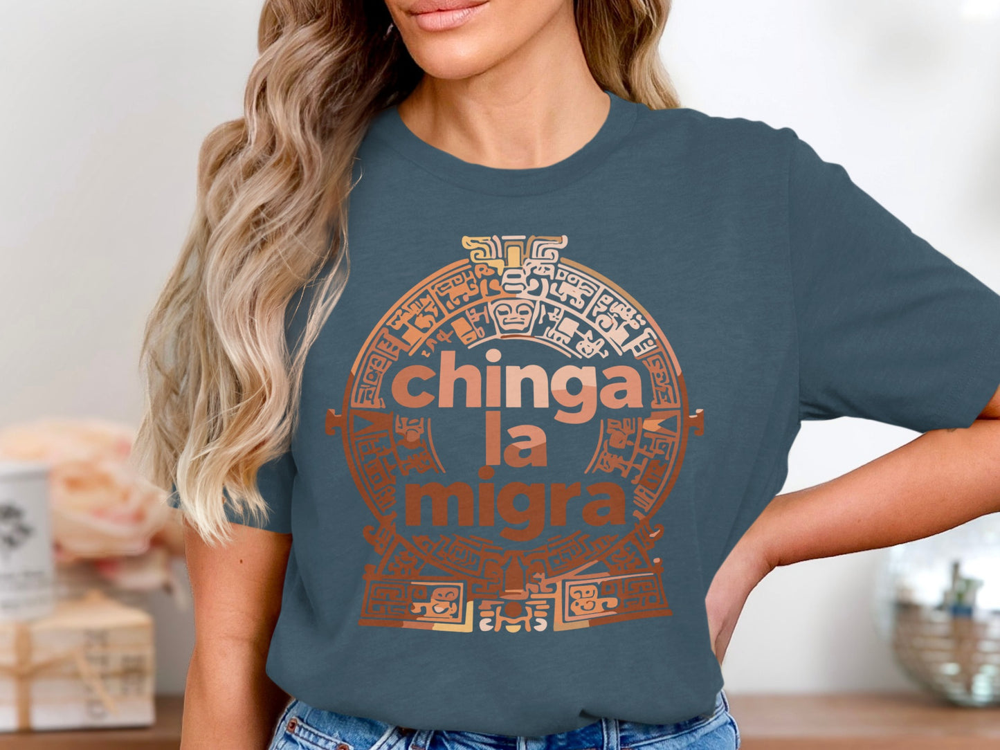 Aztec-Inspired Chinga La Migra Graphic T-Shirt product