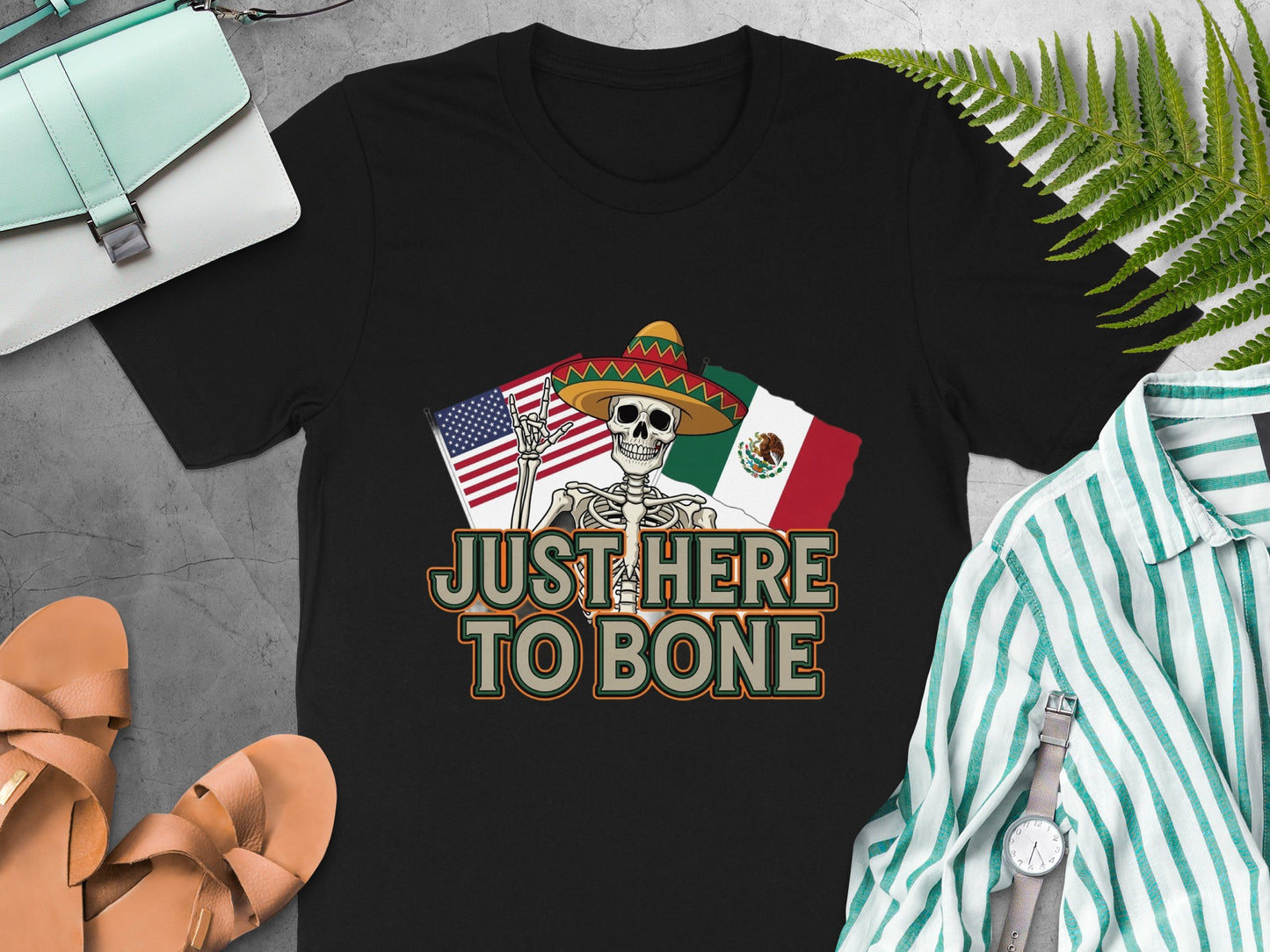 Just Here to Bone Skull and Flags Tee Shirt product type