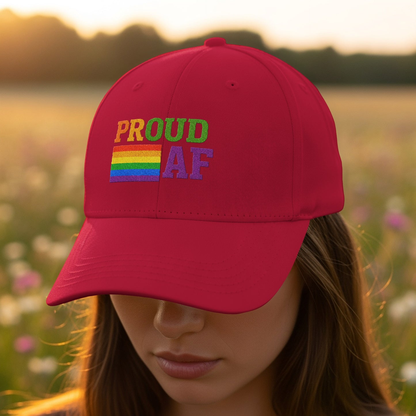 Proud AF Rainbow Embroidered Red Hat product type