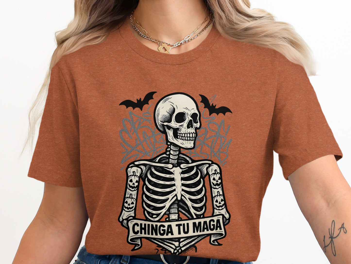 Chinga Tu Maga Skeleton with Bats Graphic T-Shirt Product