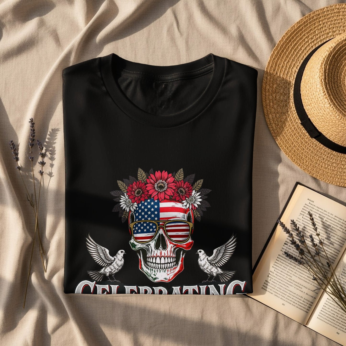 Celebrating Skull with Floral American Flag product type