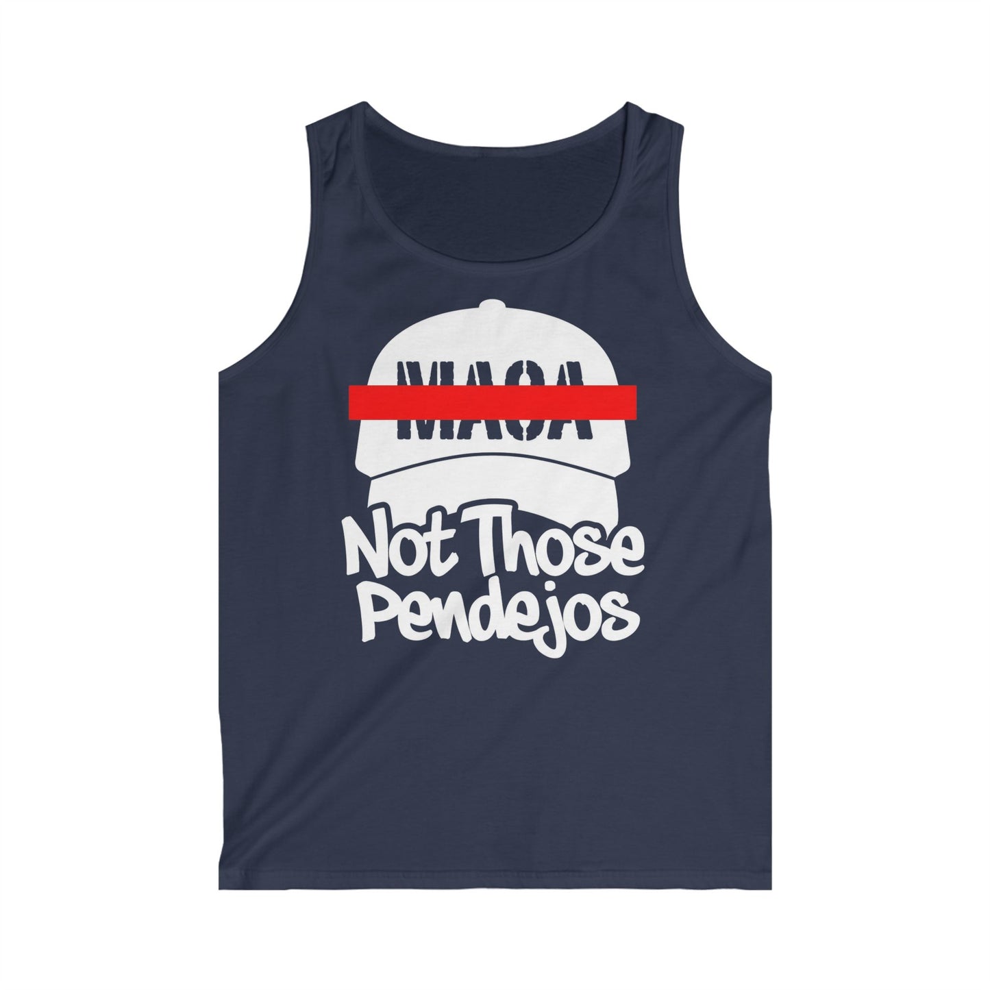 Navy blue tank top with white text "MAQA Not Those Pendejos" and a red line.