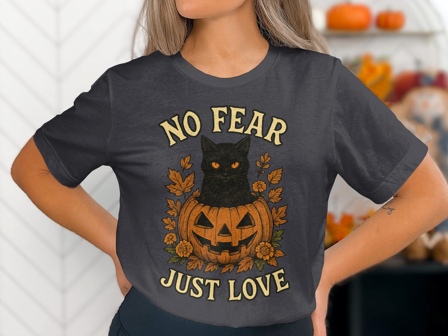 No Fear Just Love Cat and Pumpkin Graphic Shirt product