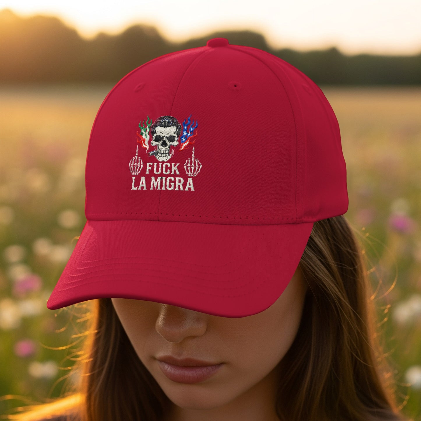Bold Red Fuck La Migra Embroidered Statement Cap product