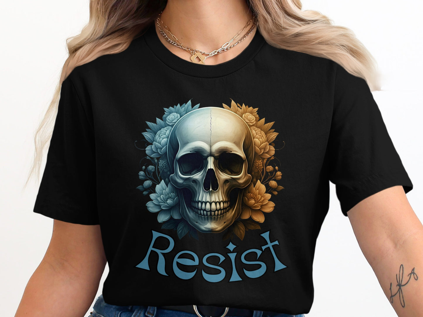 Skull with Flowers and Resist Text Graphic Tee product