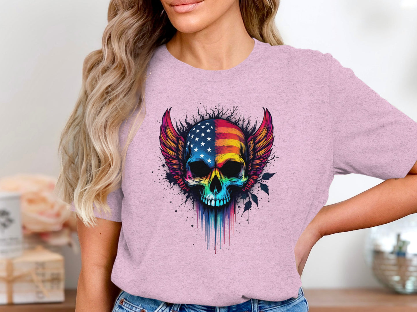 Colorful Skull with American Flag graphic t-shirt product type