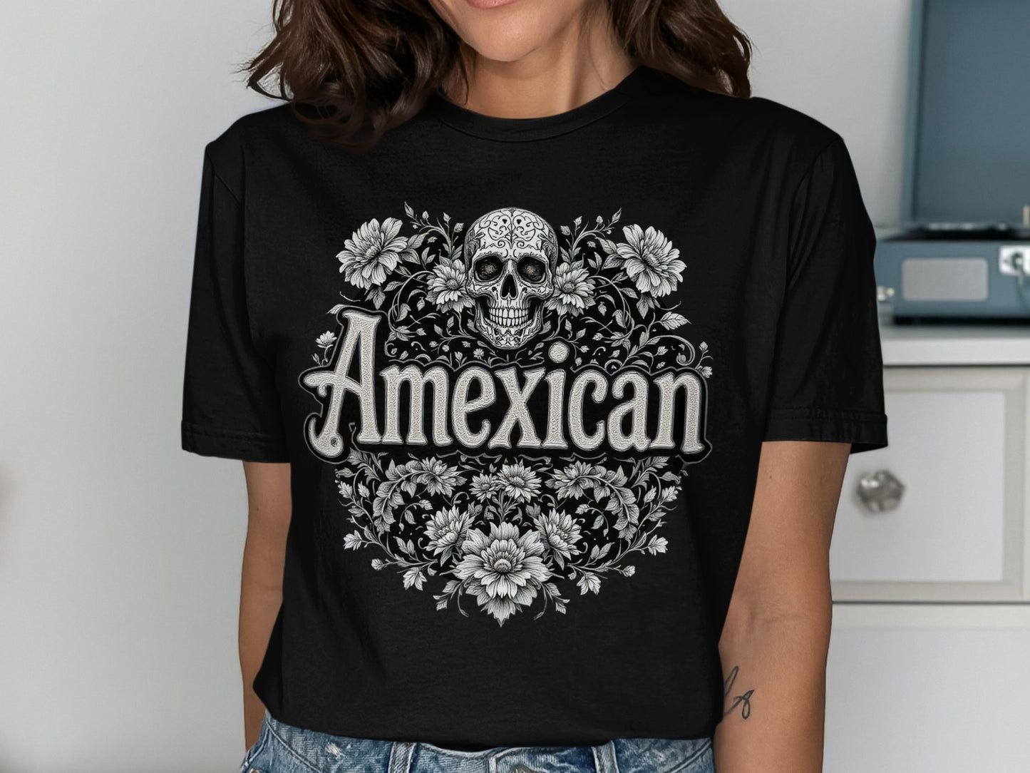 Amexican Skull Floral Design Graphic T-shirt product