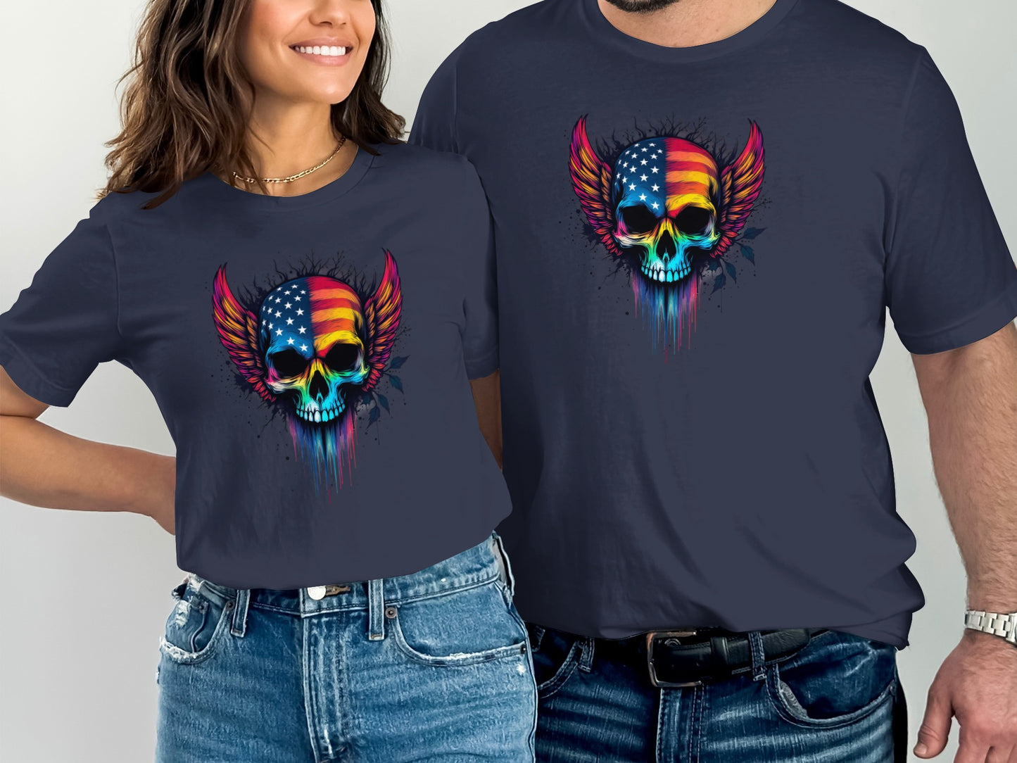 Colorful Skull with American Flag Wings T-shirt product type