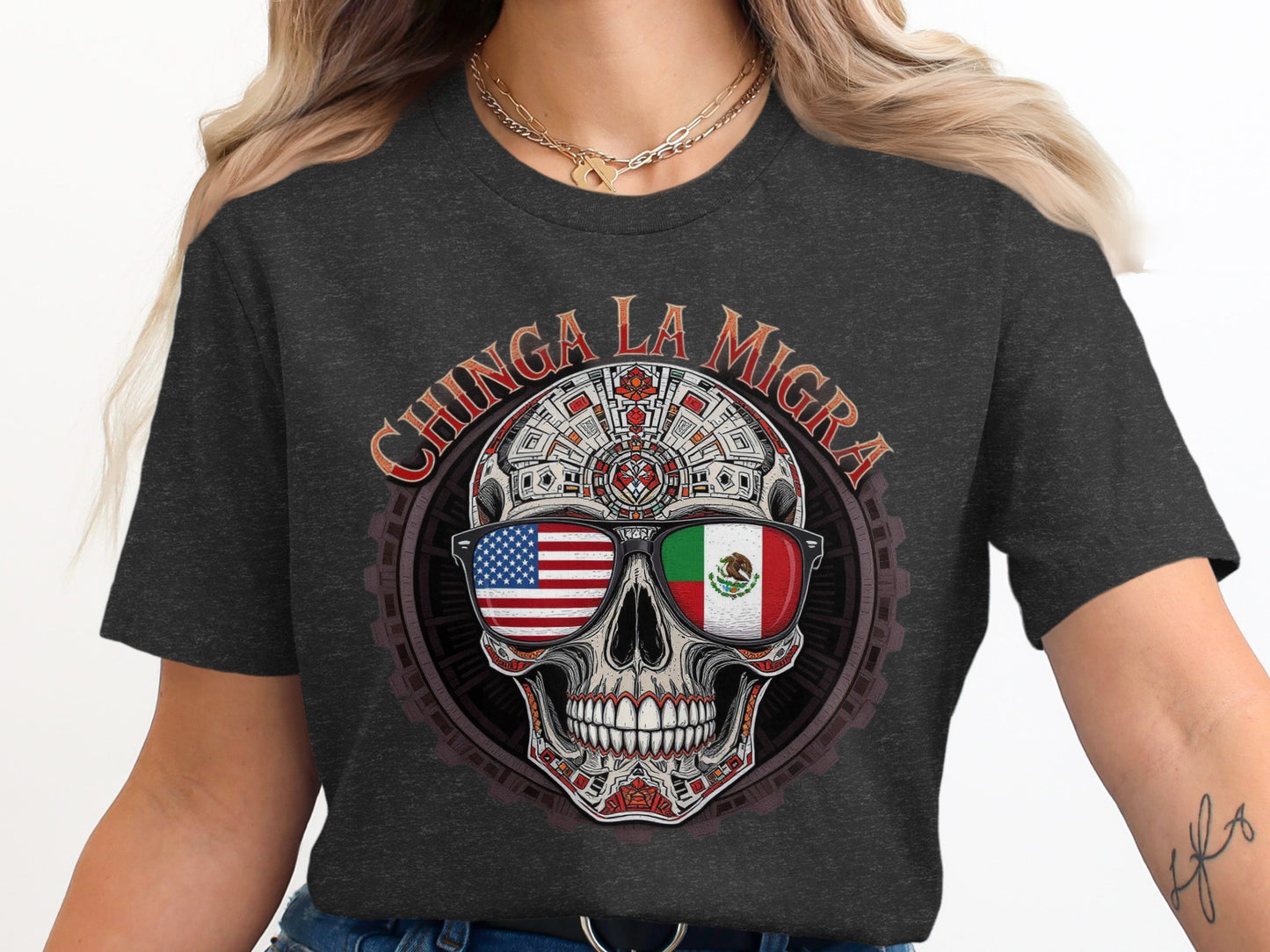 Chinga La Migra Skull USA Mexico Flag Apparel product
