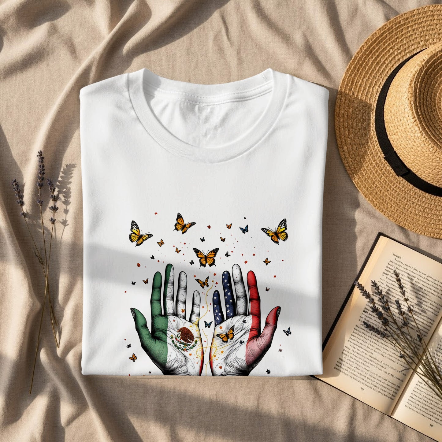 Hand Design with Butterflies on White Shirt product