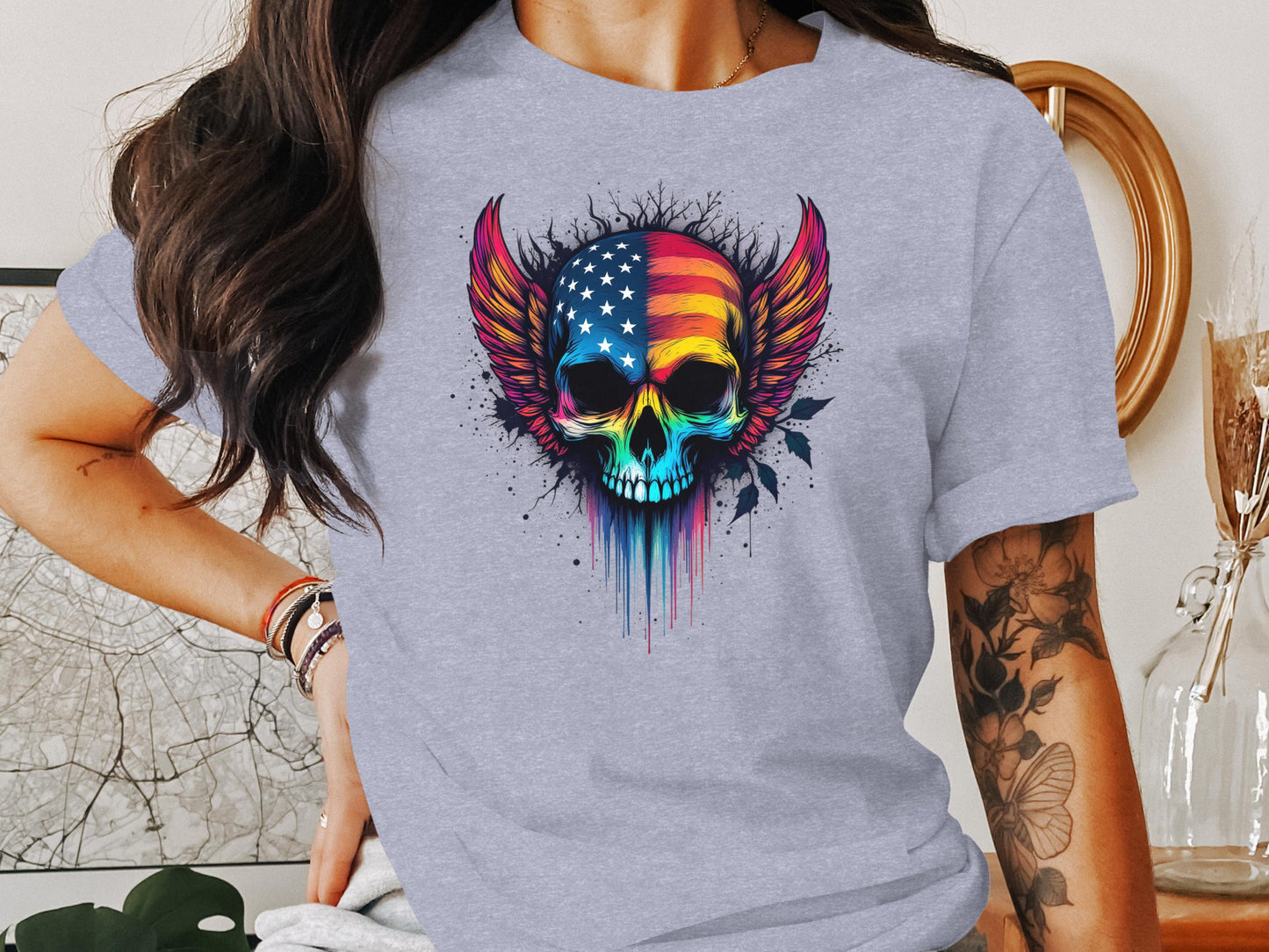 Colorful American Skull Wings Graphic T-Shirt product type