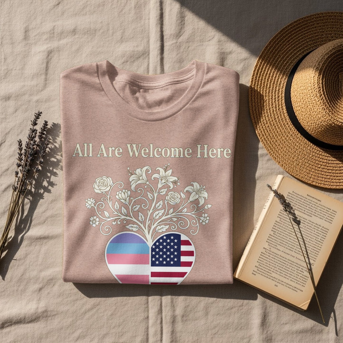 All Are Welcome Here Heart Design T-Shirt Product