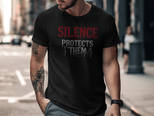 Black t-shirt with "SILENCE PROTECTS THEM" text in red and grey.