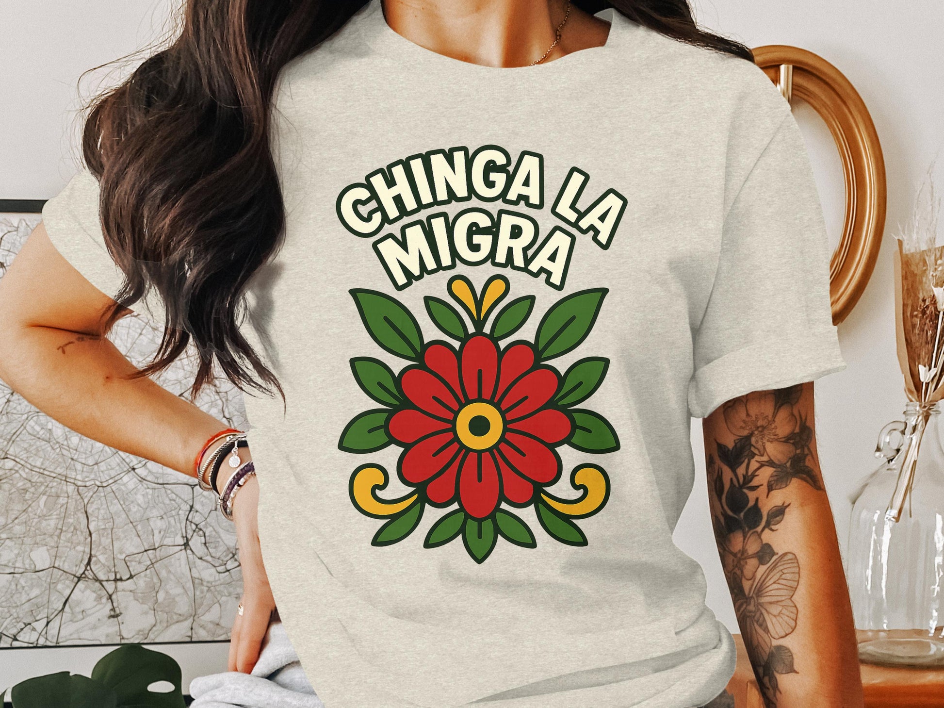 Chinga La Migra Floral Design Graphic Tee shirt product type