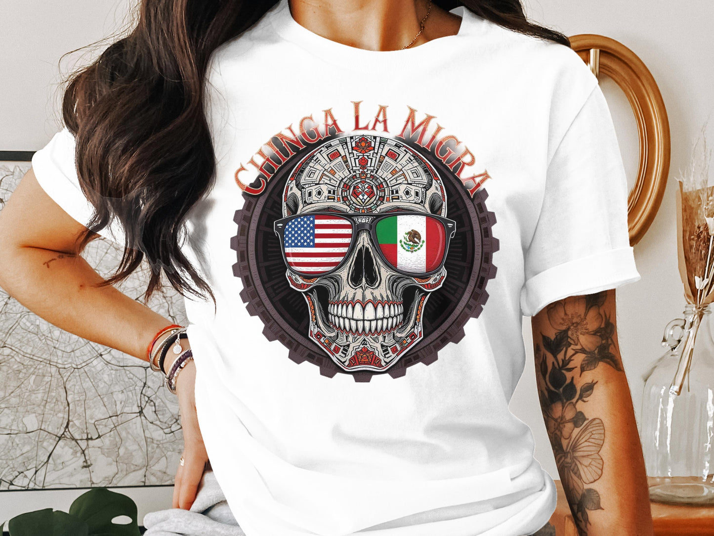 Chinga La Migra Skull Graphic Tee Shirt product