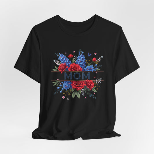 Black t-shirt with "MOM" text surrounded by red roses and blue flowers.