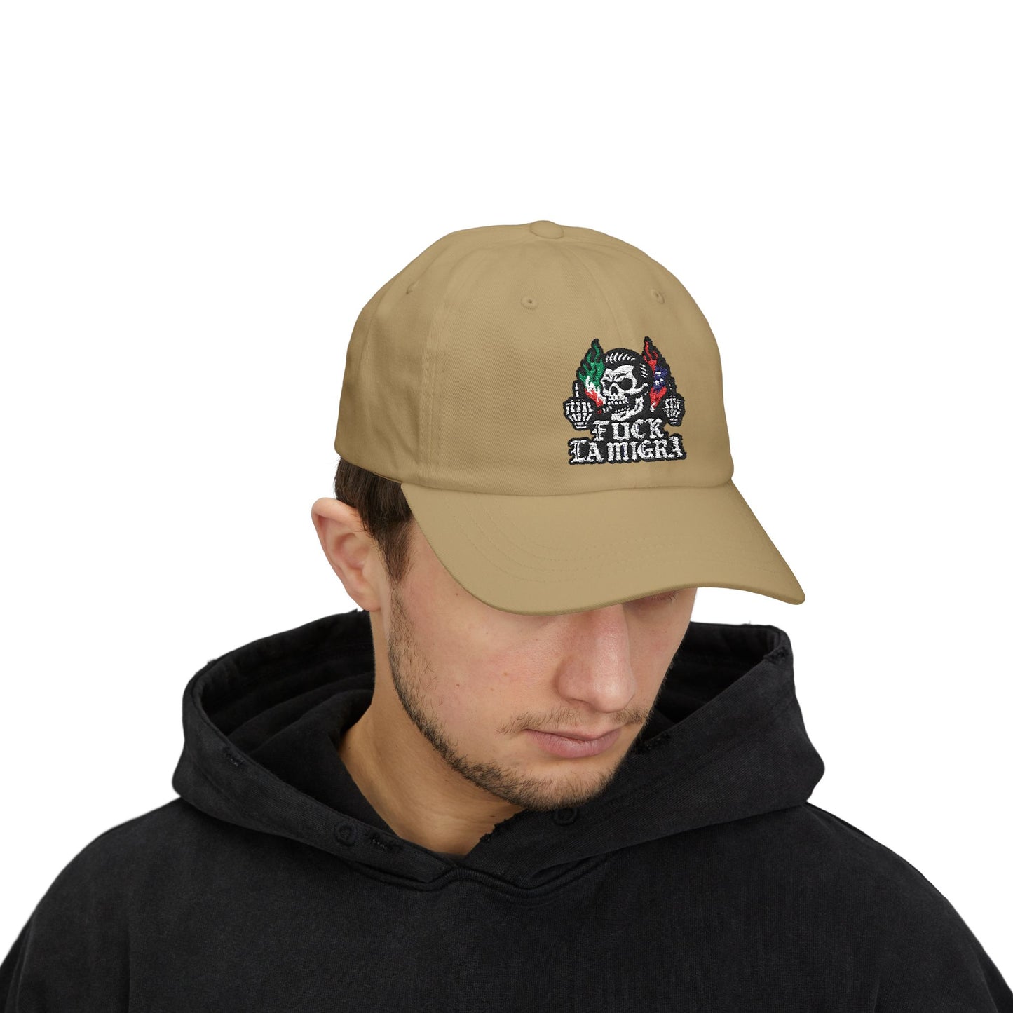 Fuck La Migra Anti Trump Embroidered Hat, FDT, Chinga Tu Maga Classic Dad Cap with Skull Design, Adjustable Hat for Casual Wear, Unique Gift for Dads, Birthday, or Holiday Use