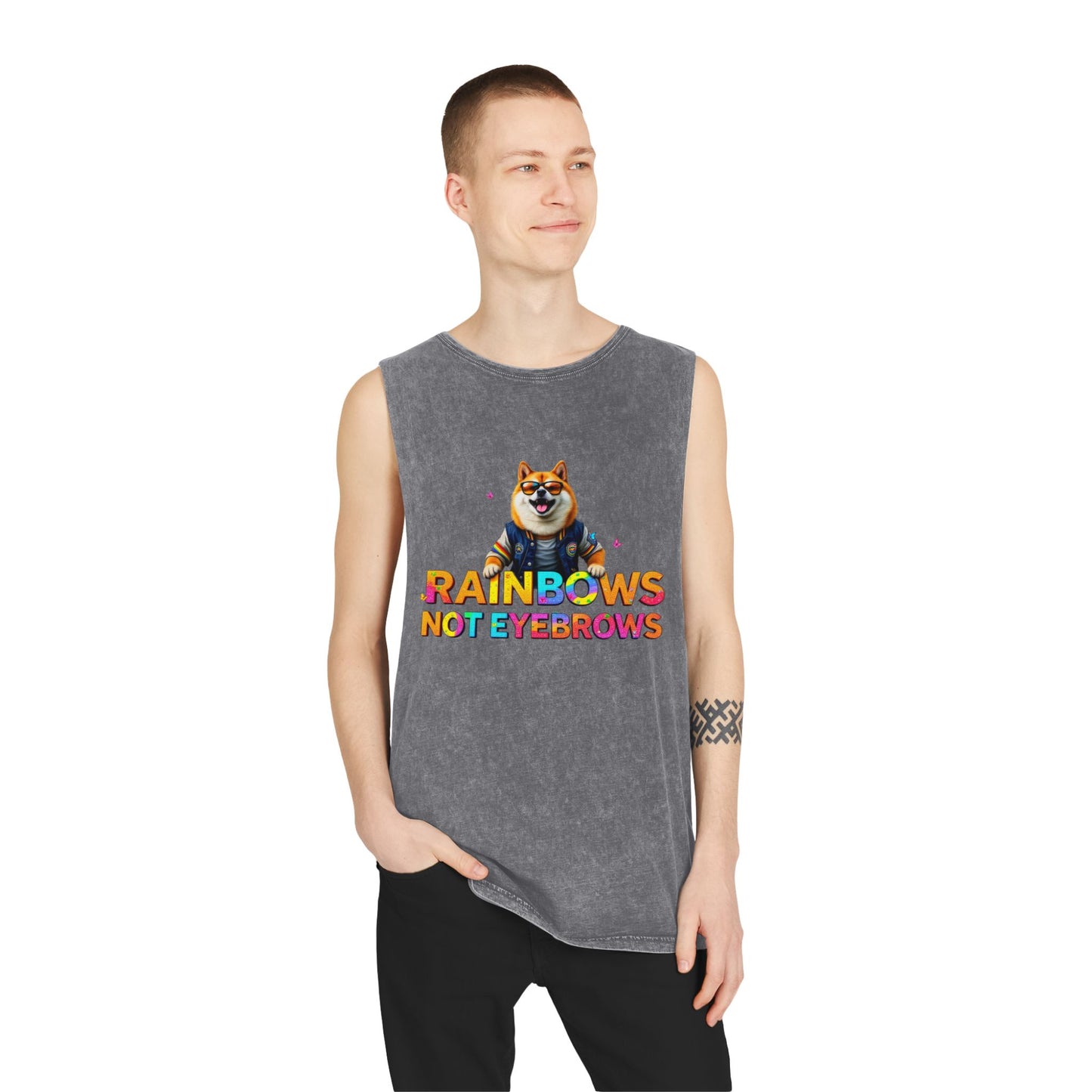 Unisex Stonewash Tank Top - 'Rainbows Not Eyebrows' Graphic Tee