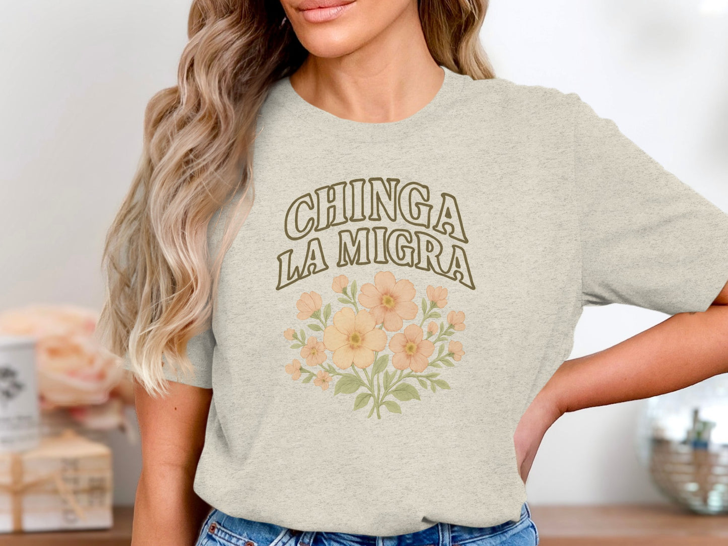 Chinga La Migra Text and Floral Graphic T-Shirt product