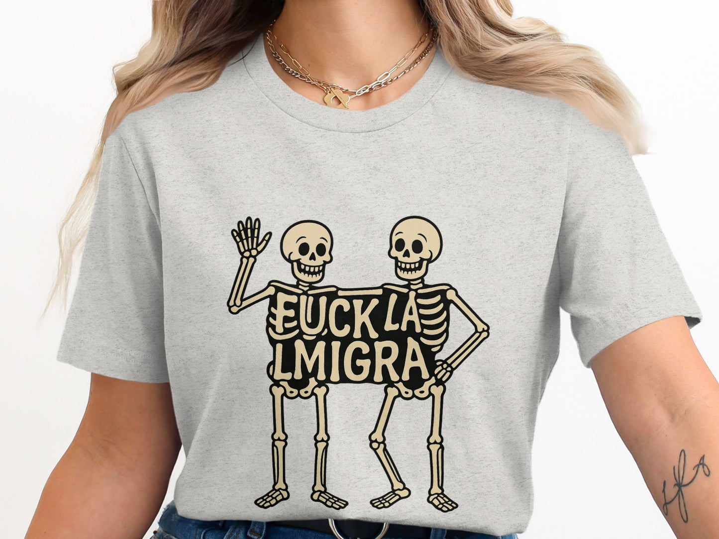 Unique Skeleton Design F*** LA MIGRA Graphic T-Shirt product