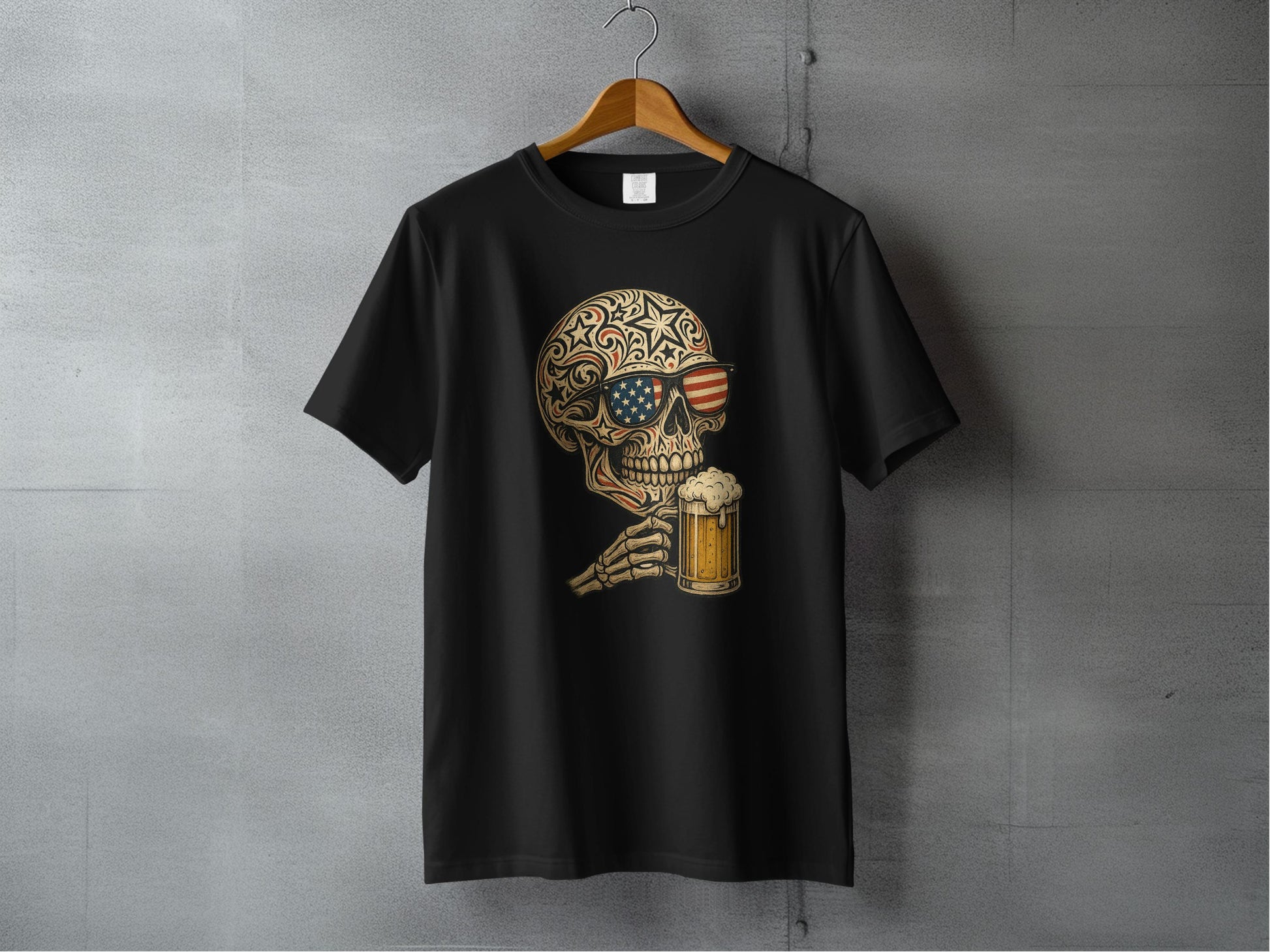Skeleton With American Flag Glasses Drinking Beer T-Shirt product