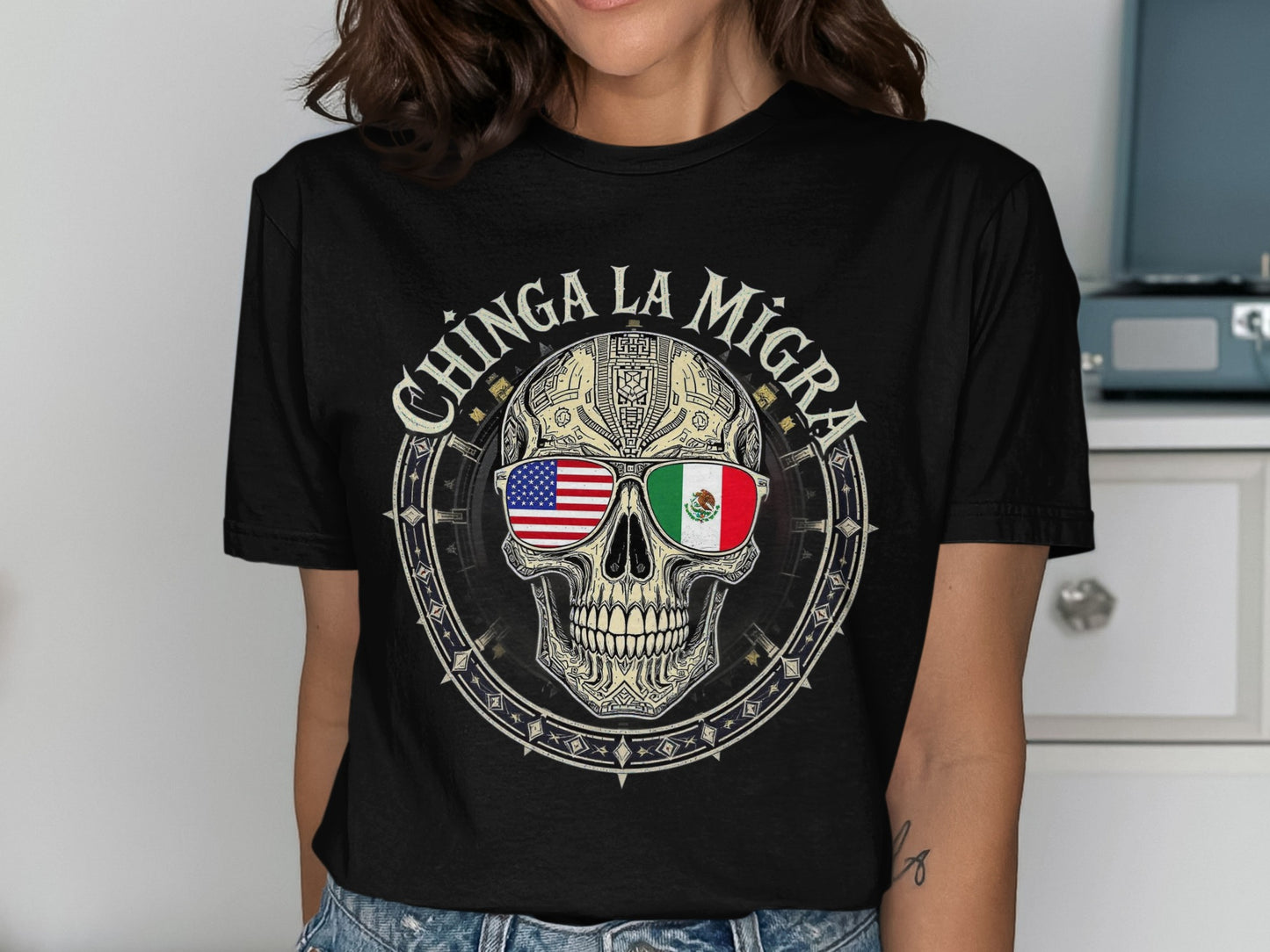 Chinga La Migra Skull Graphic Black T-shirt product