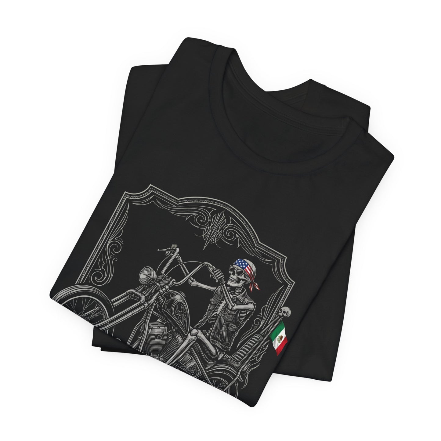 Black t-shirt with skeleton biker and patriotic American-Mexican flag design.