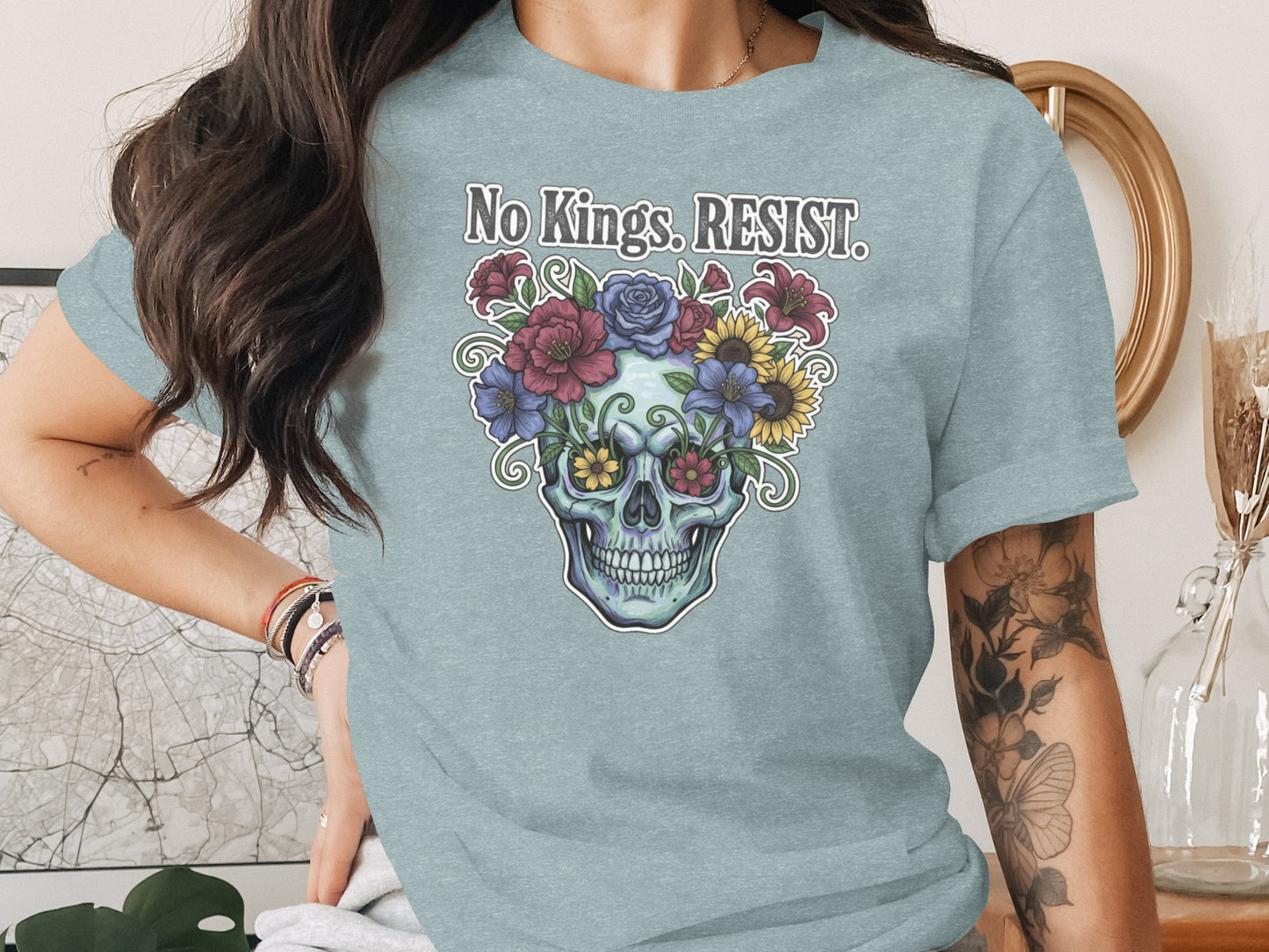 Skull with Flowers Design No Kings RESIST Shirt product type