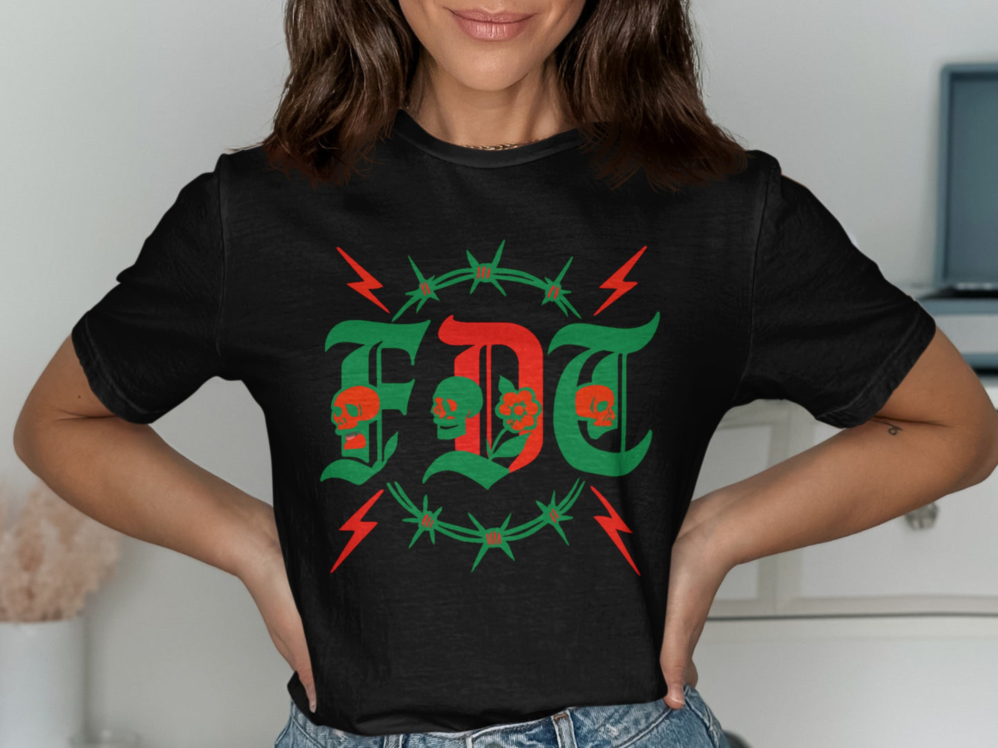Skull and Flower Design Graphic T Shirt product