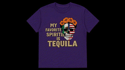 A purple t-shirt with a graphic design depicting a skull wearing a flower crown and the text "My favorite spirits is tequila" printed on it.