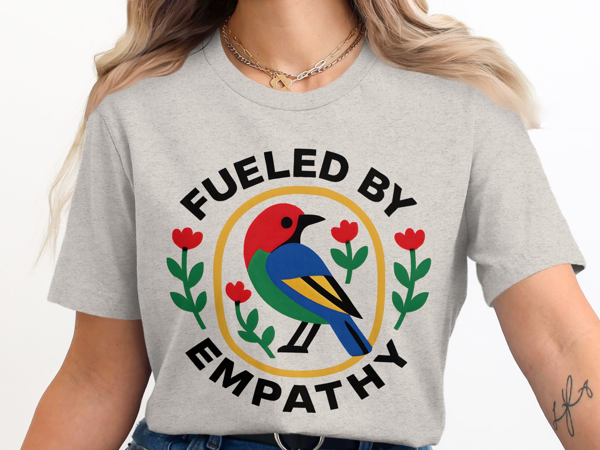 Fueled By Empathy Colorful Bird Graphic T-shirt